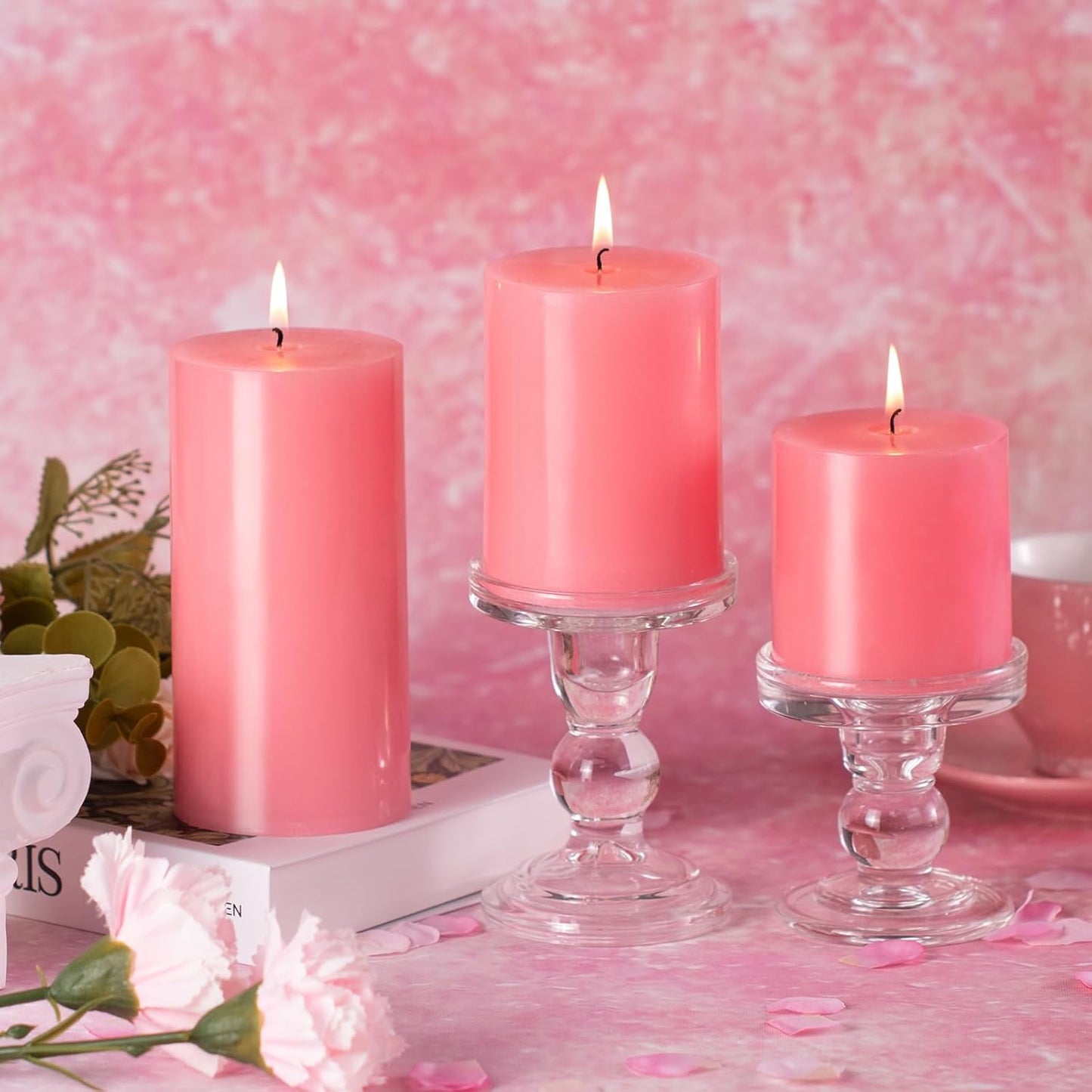 KONNI Pink Pillar Candles Set of 3, 3"x 3" Unscented Pillar Candles Bulk, 30 Hours Long Burning Candles, Smokeless&Dripless Large Round Candle for Wedding, Home Decoration, Parties, Spas, Dinner