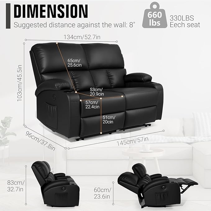 Home Theater Seating,RV Recliner Sofa with Massage and Heat,Manual RV Recliner Loveseat with USB/Cup Holders and Side Pocket for Living Room,2 Seater Black