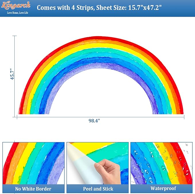 Large Watercolor Rainbow Wall Decals, Colorful Peel and Stick Vinyl Nursery Wall Decor, Removable Home Room Wall Decor Murals Stickers for Kids Girls Toddler Bedroom Living Room Playroom