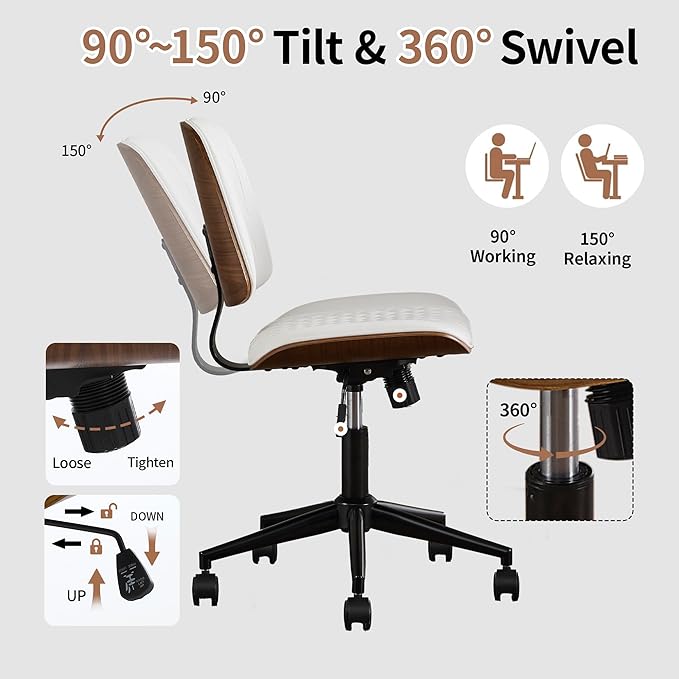 Stylish White Home Office Chair – Armless PU Leather Mid-Back Chair with Adjustable Height, Swivel Wheels, Walnut Finish for Study, Bedroom, or Dorm Room