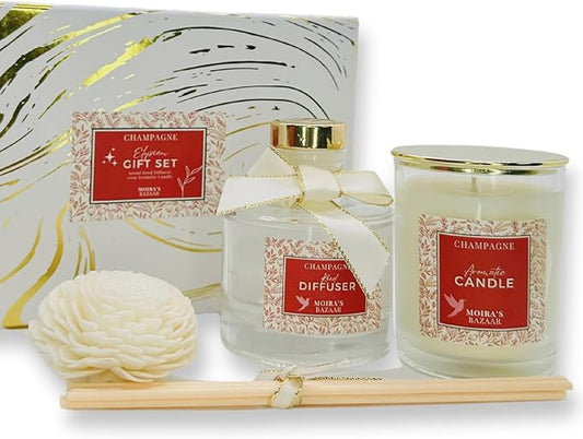 Moira's Bazaar Elysian Essence Aromatherapy Gift Set – Luxury Candle and Flower Reed Diffuser – Perfect Scented Gift for Thanksgiving for Women, Home & Bath Decor (Champagne)