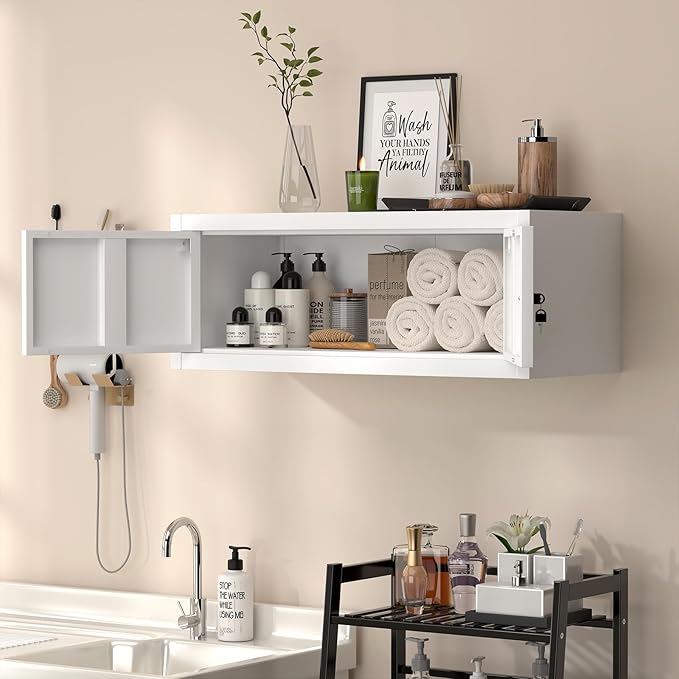 LUCYPALGarage Wall Cabinet with Doors,Metal Locking Storage Cabinet,Floating Tool Cabinet for Kitchen,Garage,Workshop,Warehouse(12.8" H,White)