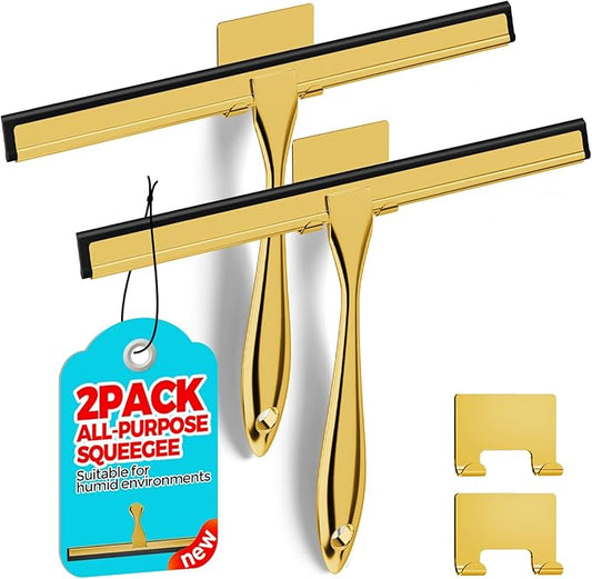 2PACK 12-Inch Golden All-Purpose Shower Squeegee for Shower Doors, Bath Linen Sets, Tile Shower Walls, Bathroom, Window, Glass and Car Windshield, Mirrors and Kitchen-Stainless Steel