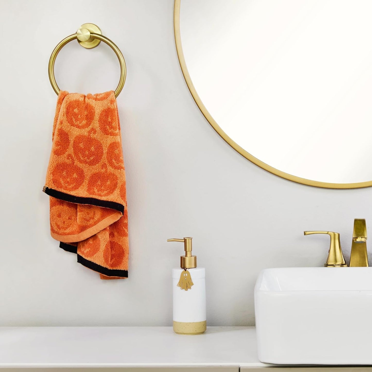 SKL Home Halloween Jack-O-Lantern 100% Cotton Jacquard 2pc Hand Towel Set, Reversible, Soft & Absorbent, Decorative for Bath/Kitchen/Bar & Gift, Orange