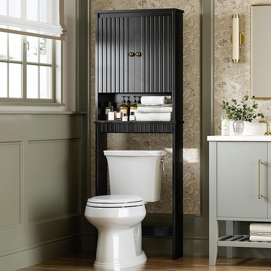 Over The Toilet Storage Cabinet, Above Toilet Storage with Fluted Panel Doors and Soft Hinges, Behind Toilet Bathroom Organizer Bathroom Spacesaver Rack (Black)