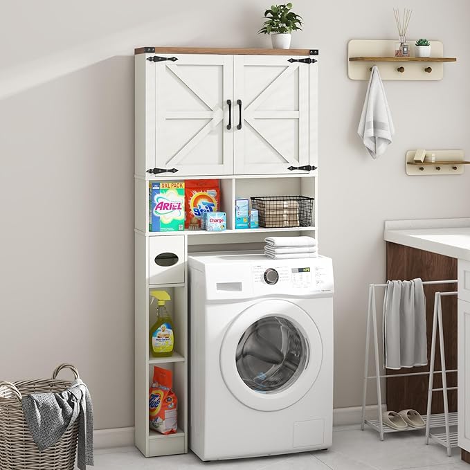 Over The Toilet Storage Cabinet, Farmhouse Storage Cabinet Over Toilet with 2 Barn Doors && Toilet Paper Holder Stand，Home Space-Saving Toilet Rack, for Laundry, Restroom, Bathroom