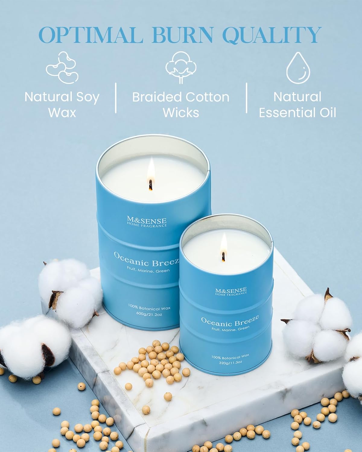 M&SENSE Oceanic Breeze Scented Candles Summer Soy Candle, Beach Candles Scented for Stress Relief Meditation Relaxing, Housewarming Gifts for Women Men, 11.3oz 70 Hour Long Burning