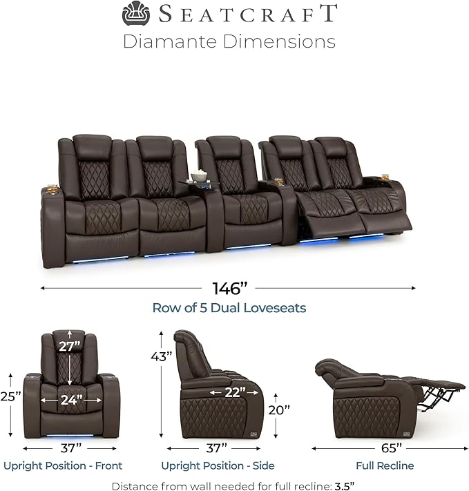 Seatcraft Diamante Zero-Gravity CoolZero Italian Leather Home Theater Seating, Power Headrest, Power Recline, Row of 5 Dual Loveseats, Brown