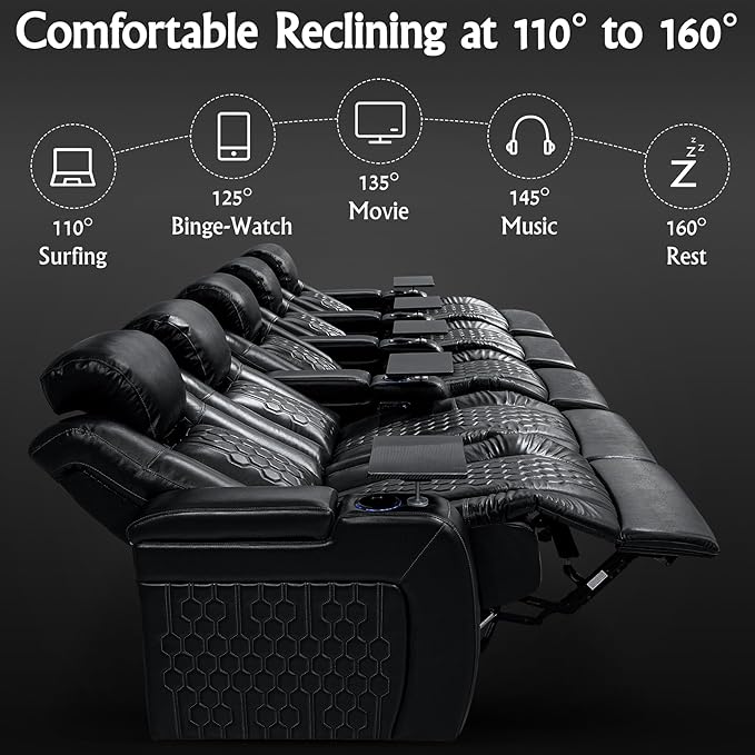 Home Theater Seating, Living Room, Heat & Massage, Powered Headrest, Powered Lumbar, Italian Leather, Powered Recline, Single Recliner (Black, Row of 5 Loveseat Left)