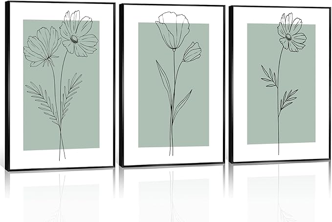 3 pcs of Line Flower Canvas Wall Art Minimalist Flower Paintings Pictures Decor Green Botanical Flower Simplicity Posters Prints for Living Bedroom Bathroom Scene Home Decoration Unframed