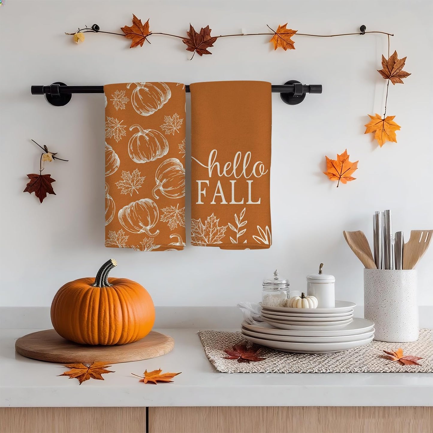 Fall Kitchen Towels Set of 2 Pumpkin Maple Leaves Hello Fall Autumn Kitchen Towels Farmhouse Home Thanksgiving Harvest Vintage Decorations, 18x26 Inch
