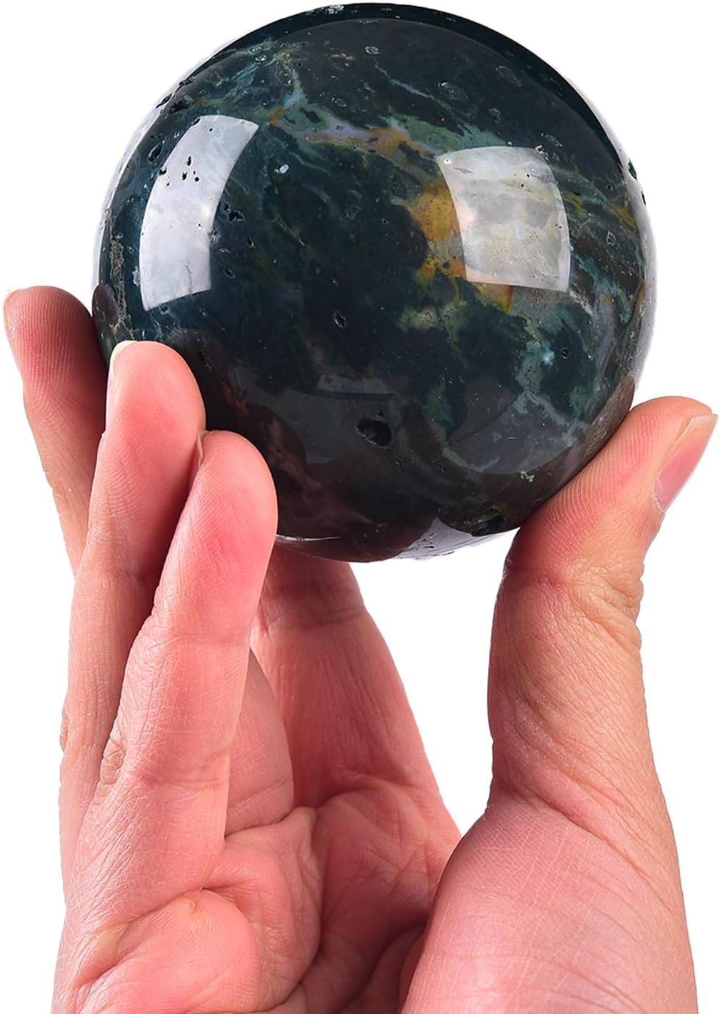 JIC Gem Natural Ocean Jasper Crystal Sphere Crystal Decorative Ball with Wooden Stand Meditation Balls for Witchcraft Reiki Healing Gift 60-70mm