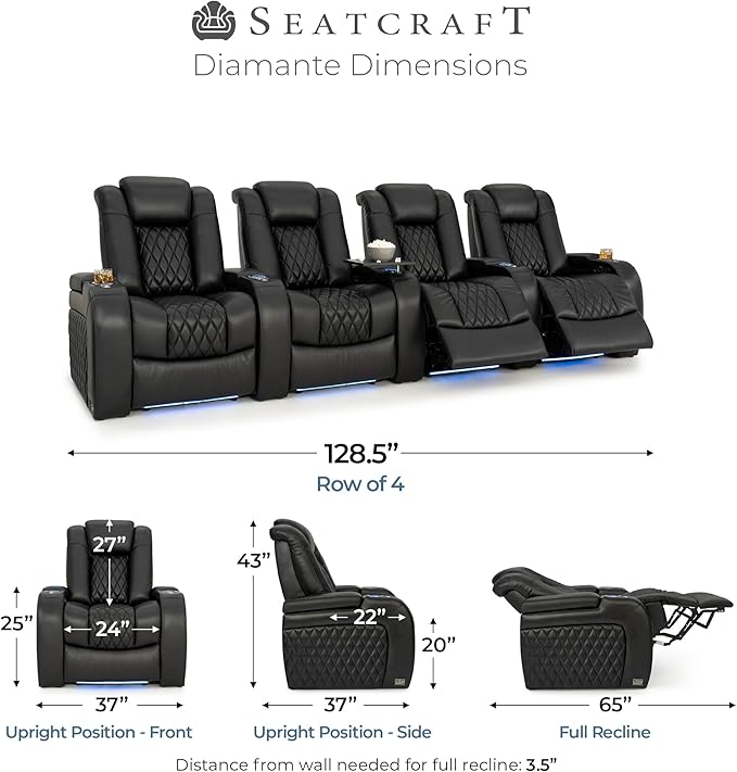 Seatcraft Diamante Zero-Gravity CoolZero Italian Leather Home Theater Seating, Power Headrest, Power Recline, Row of 4, Black