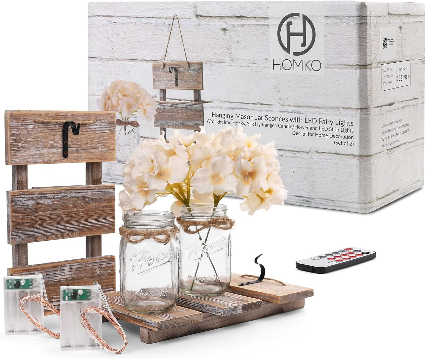 HOMKO Mason Jar Wall Decor with LED Fairy Lights and Flowers - Farmhouse Home Decor (Set of 2)