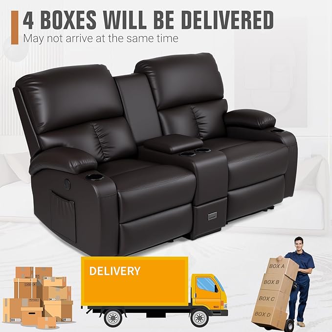 Home Theater Seating,RV Recliner Sofa with Massage and Heat,Manual RV Recliner Loveseat with USB/Cup Holders and Side Pocket for Living Room,Loveseat Brown