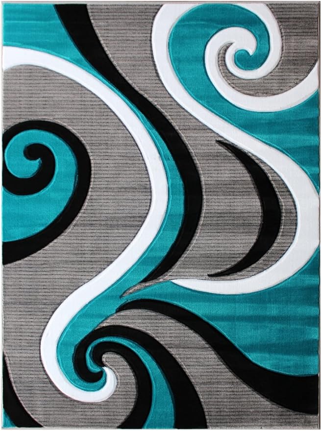 Masada Rugs, Sophia Collection Hand Carved Area Rug Modern Contemporary Turquoise White Grey Black (5 Feet 3 Inch X 7 Feet)