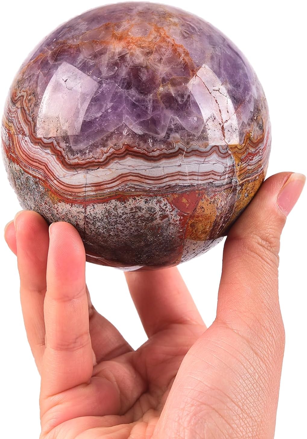 JIC Gem Natural Amethyst Agate Crystal Sphere with Wooden Stand Amethyst Decorative Crystal Gemstone Sphere for Meditation Feng Shui Witch-Style Decor Table 70-80mm