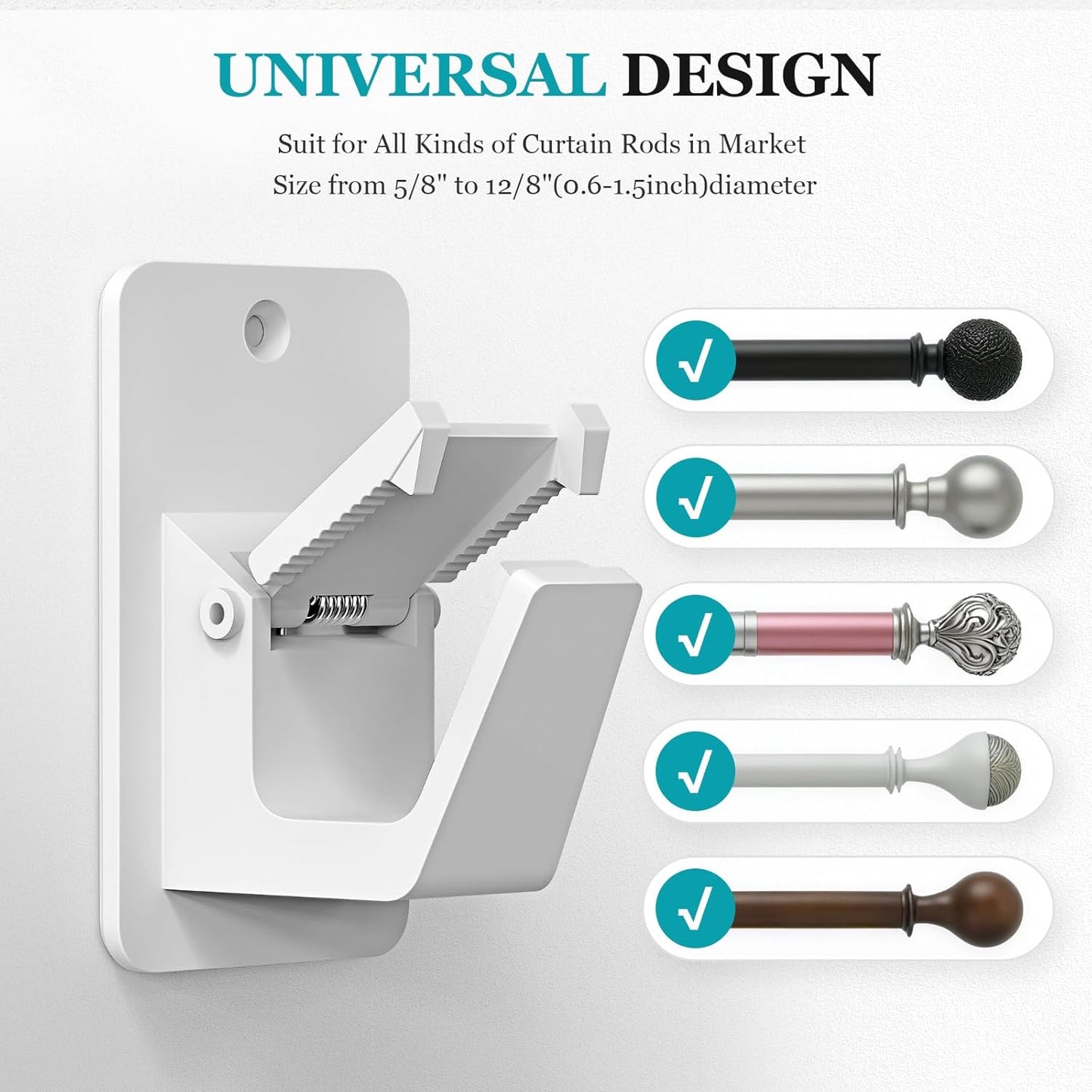 Adhesive No Drill Curtain Rod Brackets - Heavy Duty 30LB Holders for Bathroom Bedroom Kitchen, Universal Damage-Free Window Rod Hooks with Nail-Free Installation (8PC White)