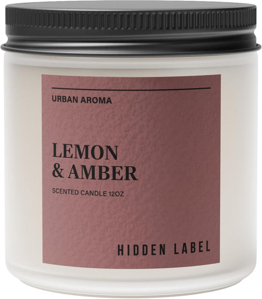 Hidden Label Lemon Amber Scented Candle, 12oz 2 Wick Natural Soy Non Toxic Candles, Clean Burning Long Lasting Aromatherapy for Home | Gifts | Décor,Premium Scents for Relaxation & Stress Relief