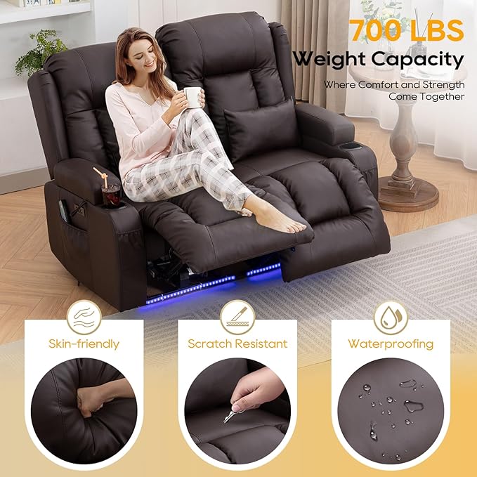IPKIG 54" Power Loveseat Recliner Sofa, Electric Home Theater Seating with Massage Heat/4 Colors Ambient Lights/USB Port/Side Pocket/Cup Holder for Living Room, Bedroom, Home (Brown, 2 Seater)