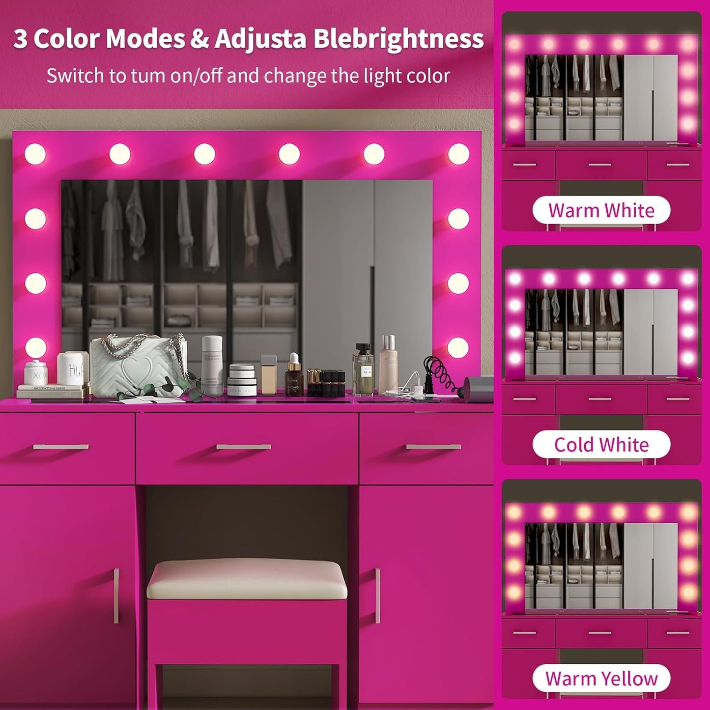 Karl home Vanity Desk with Large Lighted Mirror & Powre Outlet, Glass Tabletop Makeup Vanity Set with 3 Drawers & 2 Cabinet, 45.3" Make up Dressing Table with 12 Lights for Bedroom, Pink