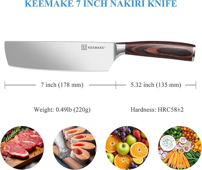 KEEMAKE Nakiri Knife 7 Inch - Sharp Meat Cleaver with High Carbon Stainless Steel Blade, Japanese Kitchen Vegetable Cooking Knife with Ergonomic Pakkawood Handle and Gift Box Included