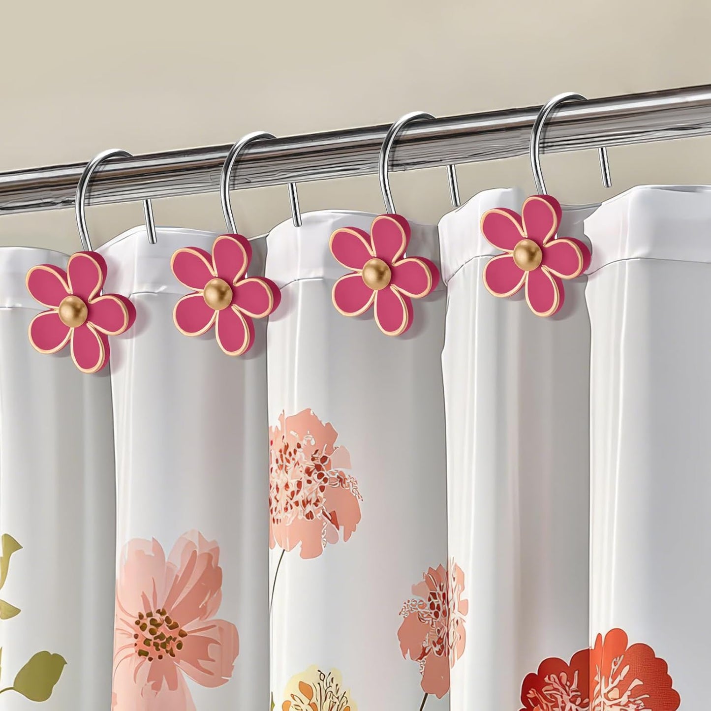Cute Flower Shower Curtain Hooks, Pretty Floral Themed Elegant Bathroom Decor, Gold/Rose Red