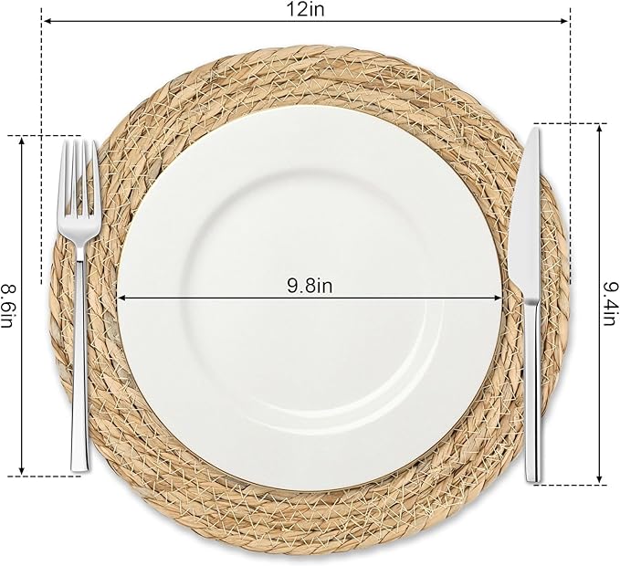 12 Inch Round Woven Placemats Set of 6 - Rattan Braided Table Mats - Heat Resistant Boho Wicker Placemats for Kitchen, Party, Dinner Table, Wedding, Picnic – Farmhouse Style Natural Fiber Place Mats