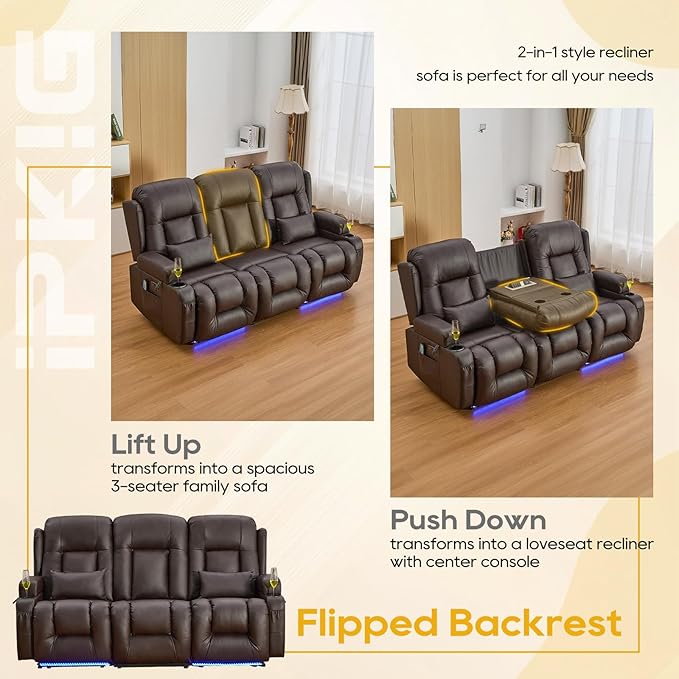 IPKIG 76" Power Reclining Sofa, Electric Home Theater Seating with Flipped Middle Backrest/LED Lighting/USB Ports/Built-in Outlets, Dual Recliner Sofa 3 Seater for Living Room RV (Brown)