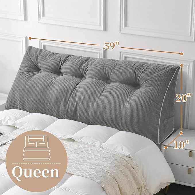 Sasttie Headboard Pillow Queen, Triangular Wedge Pillow Headboard, Wedge Headboard Pillow for Bed Sofa, Daybed Pillows for Sitting up, Reading or Working with Removable Cover, Light Grey