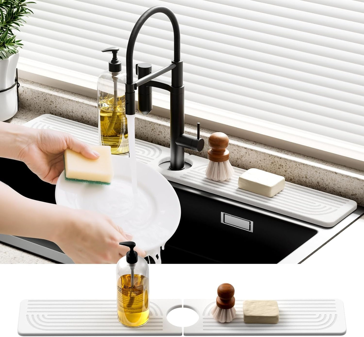 Faucet Mat for Kitchen Sink - 23.6" Quick-Drying Water Absorbing Stone Sink Splash Guard - Diatomite Fast Drying Stone Sink Mat - White