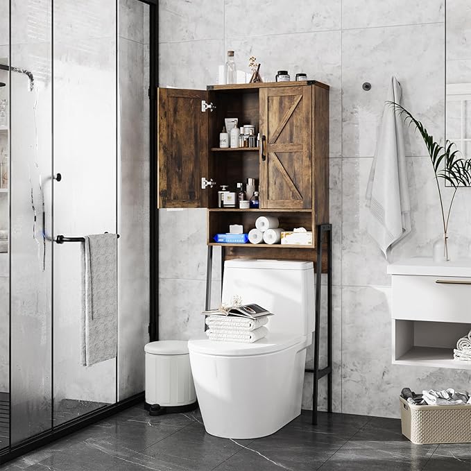 Over The Toilet Storage Cabinet with 2-Door Design Bathroom Organizers and Storage with Anti-Tip Device Over Toilet Organizer with Shelves for Bathroom,Restroom,Laundry Brown