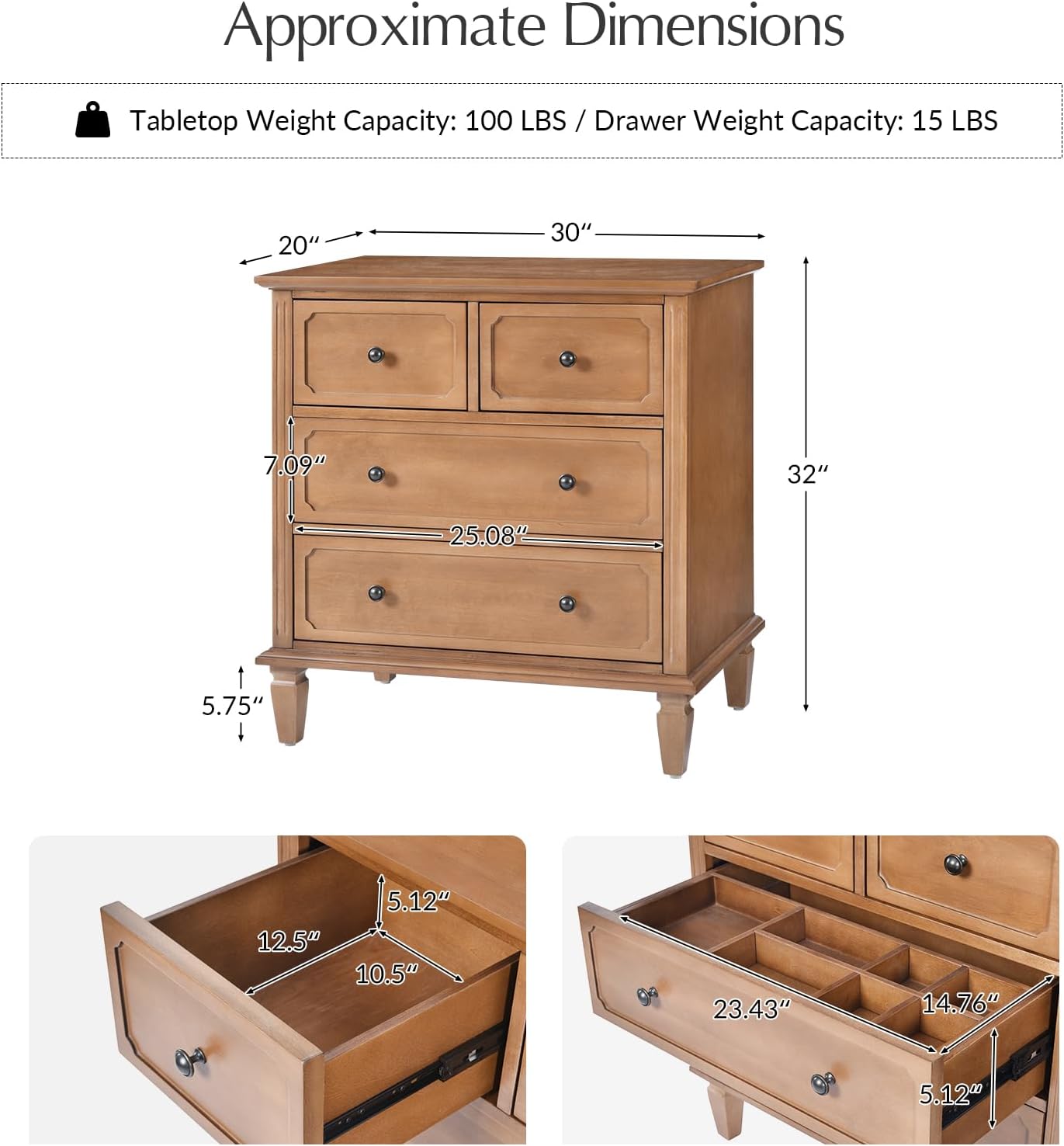 HULALA HOME Mid-Century Modern Nightstand with Charging Station and Divider Tray, 4-Drawer Bedside Table with Solid Wood Legs (Acorn,Set of 2)