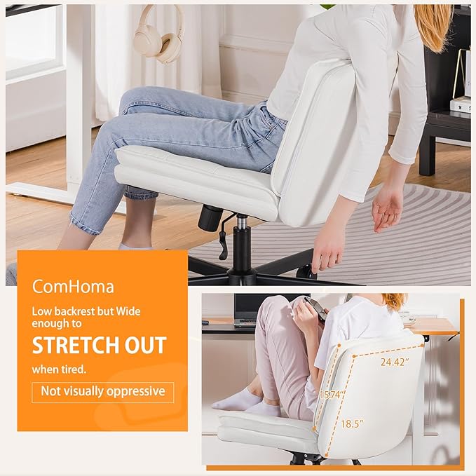 COMHOMA Cross Legged Office Chair with Wheels Armless Office Desk Chair, Modern Vanity Computer Task Chairs for Home Bedroom, Comfortable Wide Seat for Lower Back Pain Relief, PU Leahter, Beige