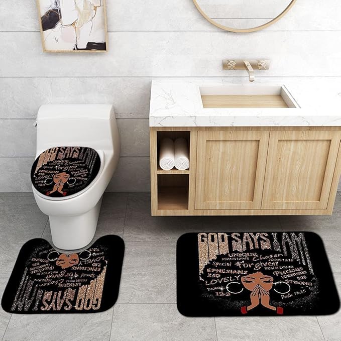 4Pcs Bathroom Shower Curtain Sets, Inspirational Quote Afrcian American Queen Shower Curtains with Rugs Toilet Lid Cover Bath Mat, Praying Black Girl Fabric Home Decorations Bath Mat Sets