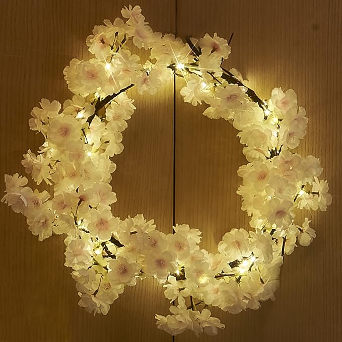 LITBLOOM Cherry Blossom Garland with Lights Battery Operated with Timer 96 Fairy Lights, Lighted Flower Garland 6FT for Mantle Firepalce Wedding Party Decoration Indoor Outdoor