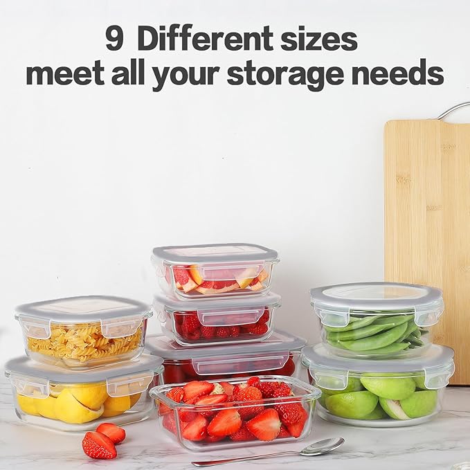 HOMBERKING 24pc Glass Food Storage Containers with Lids, Glass Meal Prep Containers, Airtight Bento Boxes, BPA Free & Leak Proof, Pantry Kitchen Storage(12 lids & 12 Containers) - Gray