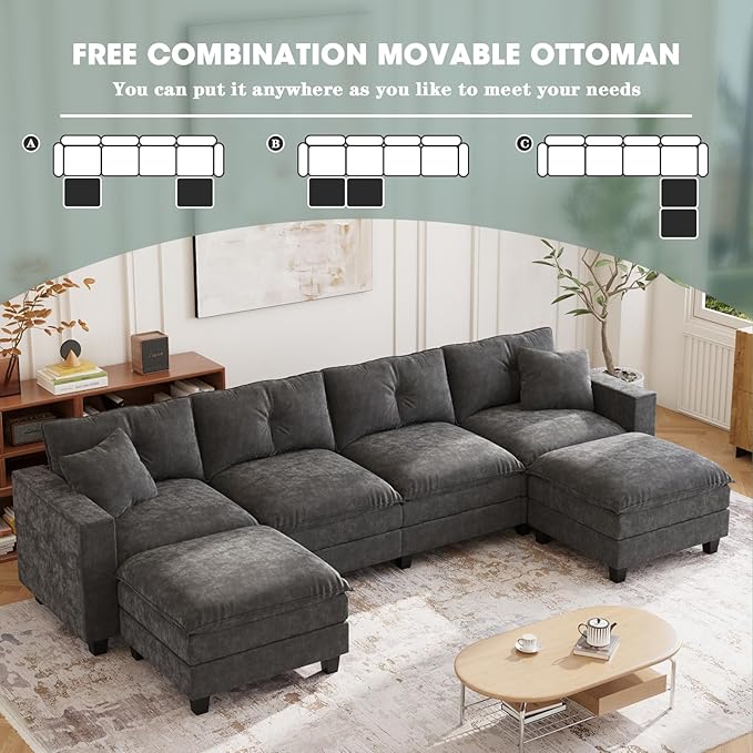 137",U Shaped Couch,Modern Modular Sectional Sofa, 4-Seater Comfy Cloud Couch with Two Movable Ottoman & Throw Pillows for Living Room, Bedroom and Apartment, Dark Gray