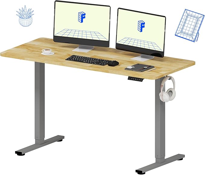 FLEXISPOT EN1 One-Piece Solid Wooden Standing Desk 55 x 24 Inches Height Adjustable Electric Sit Stand Home Office Desks (Silver Frame + Rubber Wood Top, 2 Packages)