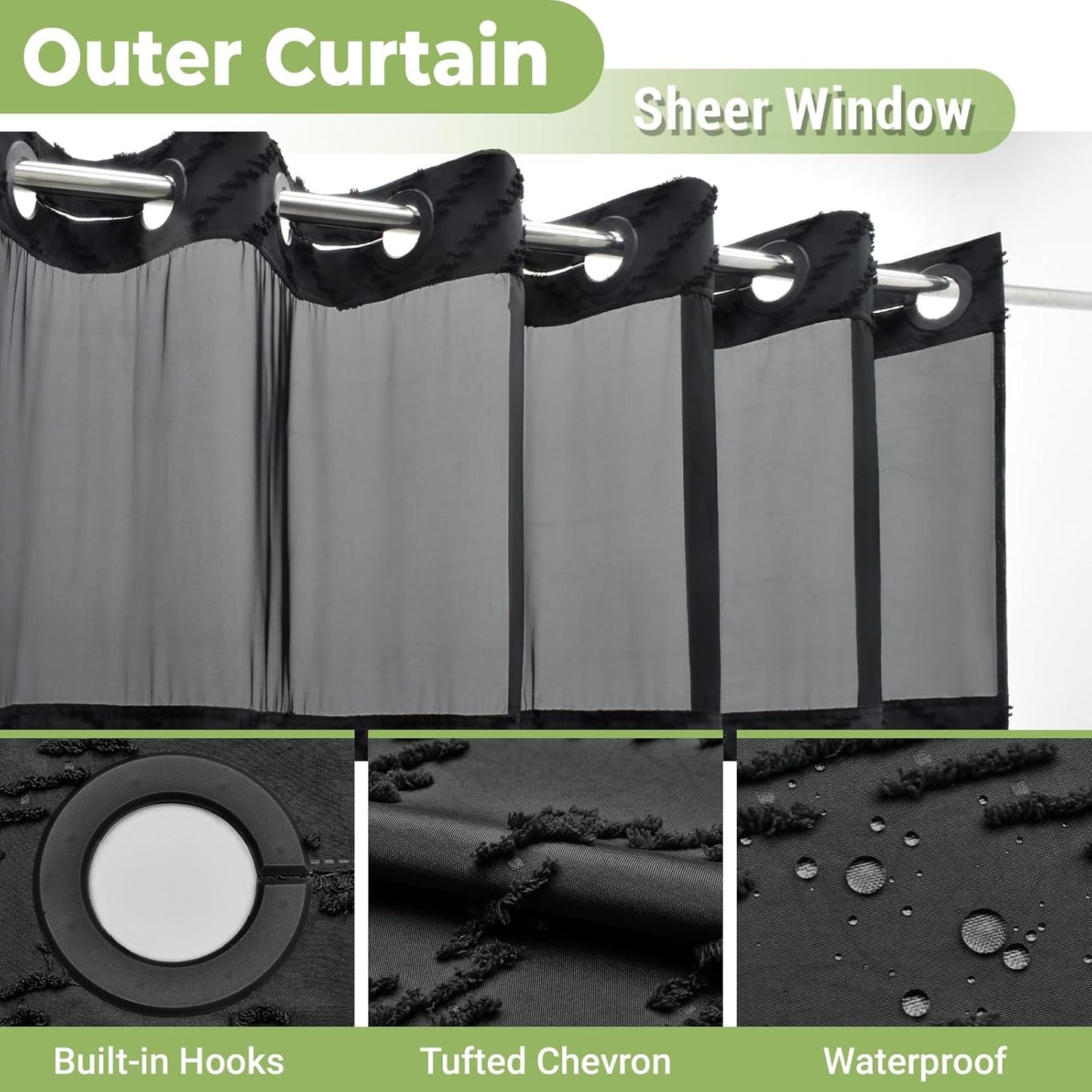 Long No Hook Shower Curtain with Snap in Liner, Tufted Chevron Striped Shower Curtain Set for Bathroom, Boho Waterproof and Washable Shower Curtains,71Wx80H, Black