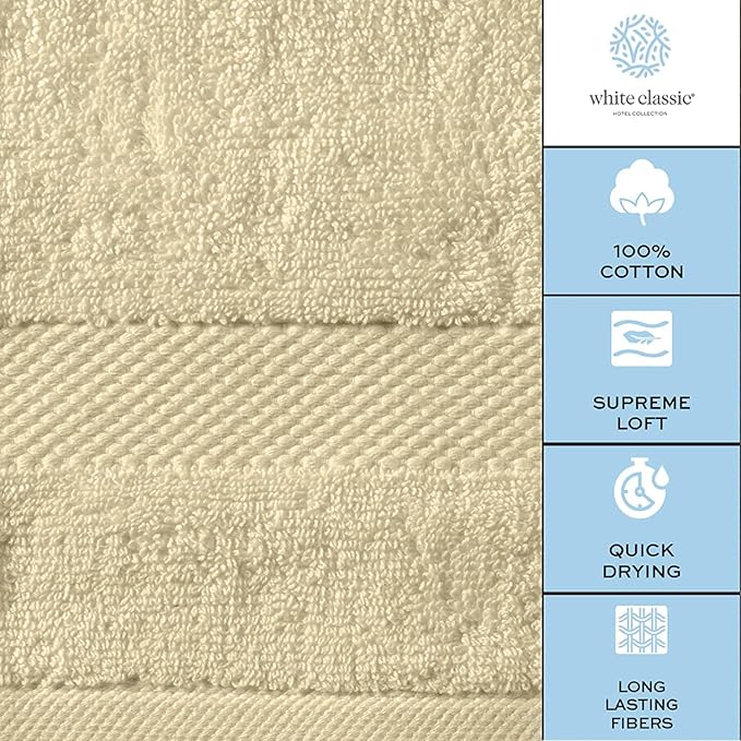 White Classic Luxury Bath Towel Set of 8 Pieces - 100% Turkish Cotton Highly Absorbent Towels for Bathroom, 2 Luxury Bath Towels 700GSM, 2 Hand Towels, 4 Washcloths, Beige