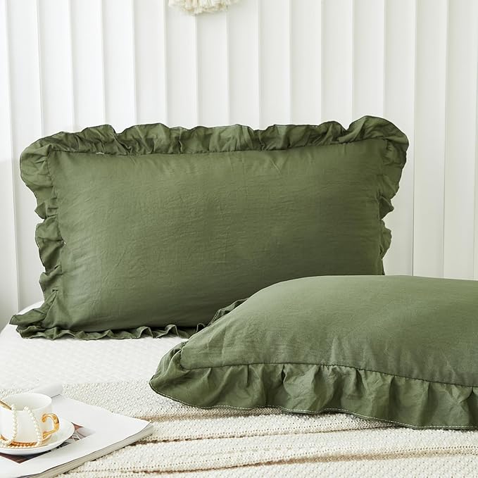 Merryword Olive Green Pillow Shams Standard Pillowcases 20x26inch Dark Green Ruffle Cute Pillow Cover Set of 2 Shabby Chic Soft Microfiber