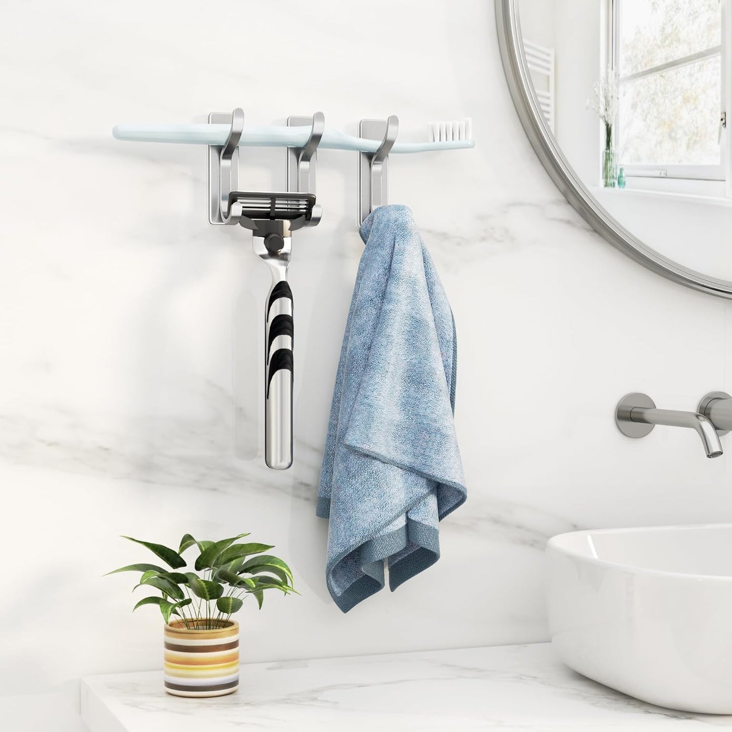 10-Pack Adhesive Wall Hooks for Hanging: Modern Silver Hooks Hold 13 LB, Sticky Wall & Door Hanger for Coats, Shower Towel, Bags, Backpack, Bathroom & Kitchen Utensils, Stainless, Metal