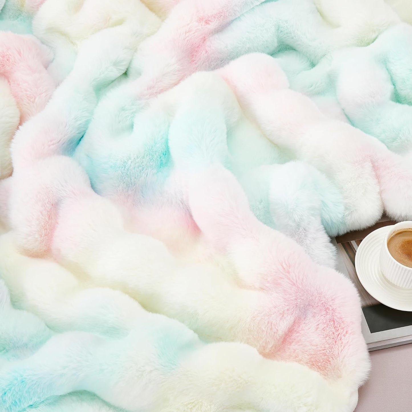 JONIYEAR Decorative Colorful Bubble Faux Rabbit Fur Throw Blanket 50" x 60", Thick Pastel Textured Warm Fluffy Blanket for Winter,Luxury Shag Cute Cozy Fuzzy Furry Lap Blankets for Couch Women,Rainbow