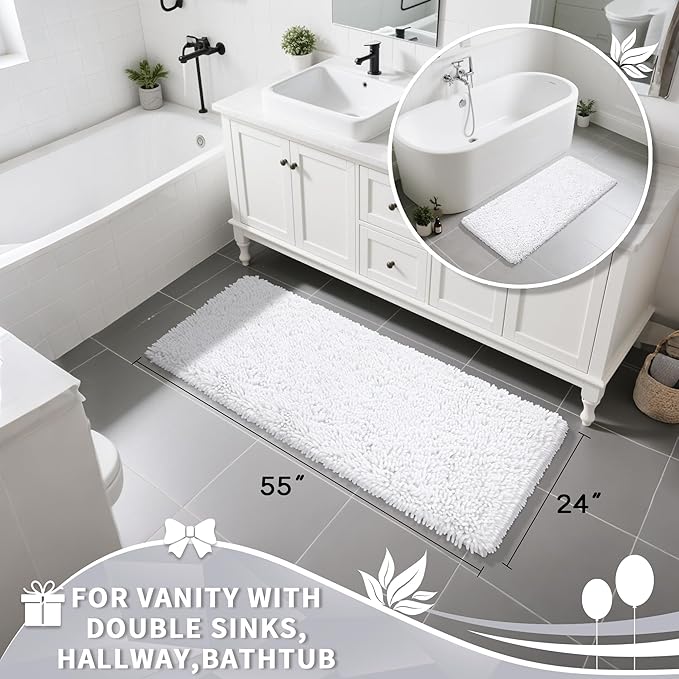 Yimobra Long Bathroom Rugs Runner 55x24 Inch, Extra Thick Soft Absorbent Chenille Bath Mat, Non Slip Machine Washable, Quick Dry Bath Rugs for Bathroom Floor, Tub and Shower, White