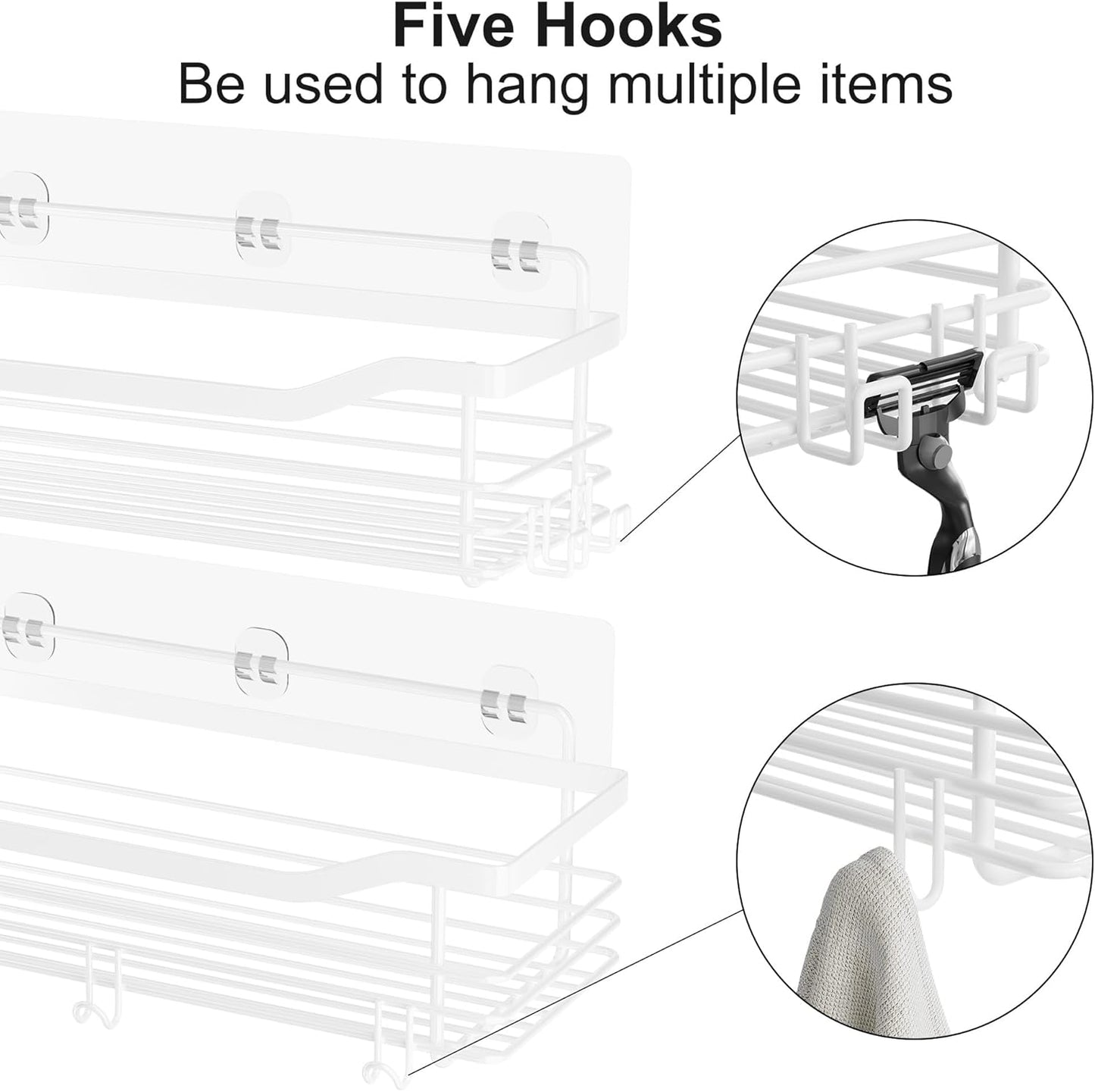 Orimade Shower Caddy Basket Shelf Storage Rack, No Drilling Wall Mounted Adhesive Rust Proof Stainless Steel Shower Organizer with 5 Hooks for Bathroom, White 2 Pack