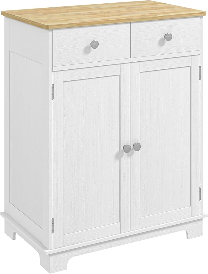 HOMCOM Sideboard with Solid Wood Countertop, Modern Kitchen Storage Cabinet, Coffee Bar Cabinet with 2 Drawers, Doors and Adjustable Shelf, Distressed White