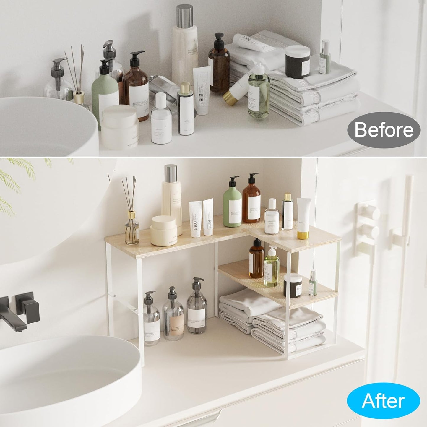 Golener Countertop Organizer Corner Shelf, 2 Tier Adjustable Stackable Corner Shelves for Kitchen, Bathroom, Spice Rack, Coffee Bar, Over Sink, Dresser Table, Corner Counter Shelf Stand, Natural Beige