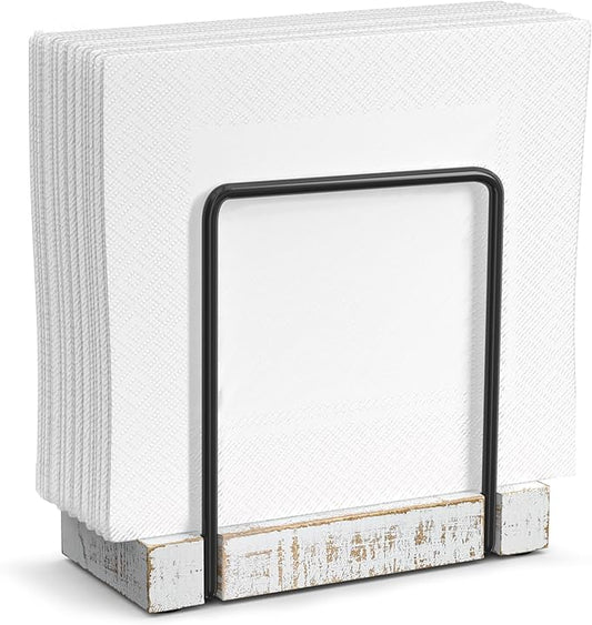 Napkin Holder for Table, Wood Iron Standing Napkin Dispenser for Dining Table Farmhouse Cocktail Picnic Rustic Wood Holders All Kitchen Dining Room Decor Black & Farmhouse White
