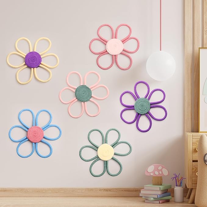 Peryiter 6 Set 10 Inch Boho Nursery Decor Woven Daisy Flower Macrame Wall Hanging for Baby Girls Nursery Home Bedroom Dorm Decor (Multicolor)